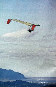 Art based on a photo by Alan Nelson of Bob Thornburg flying an Icarus V in Hawaii