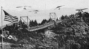 Art based on a photo by Hugh Morton of the 'mile high swinging bridge' at Grandfather Mountain, North Carolina