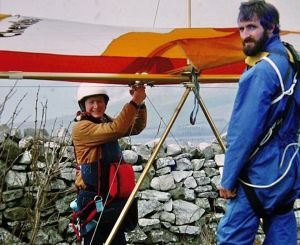 Roly readying to fly assisted by Derek M at Kimmeridge in 1979