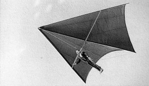 Art based on a photo from Hang Gliding magazine archives of a Velderrain standard Rogallo flown prone
