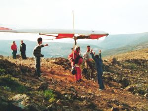 Hang glider preparing to launch at Mala, Lanzarote, 1989