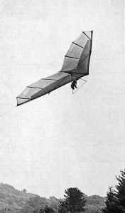 Art based on a photo by Bettina Gray of Tom Peghiny flying a Sky Sports Kestrel hang glider at Mt. Cranmore, New England, in early 1975