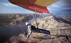 Art based on a photo of Bob Hanes in a 180 Wills Wing Duck and Bill Travers over Millerton Lake on the San Joaquin River