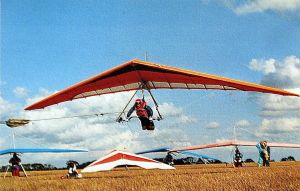 Bob Cogman launches from a flat field in Norfolk, England, in 1993. Photo by Glyn Charnock.