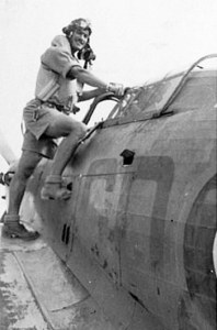 Photo of Terry Prendergast boarding a Hawker Hurricane