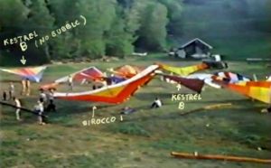 Annotated photo of 1970s hang gliders