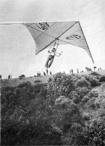 Australian Eric Short flying a Wasp 229B3 standard Rogallo hang glider at Cam Long Down, Shropshire, England, in 1974