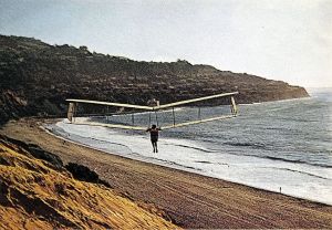 Taras Kiceniuk Jr. designed and built the Icarus 2, flying here at Torrance Beach, Los Angeles County, California