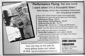 Dennis Pagen's advert in Hang Gliding, May 2001 featuring Mitch Shipley