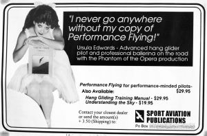 Dennis Pagen's advert in Hang Gliding, June 1997 featuring Ursula Edwards