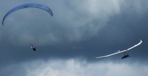 Paraglider and hang glider at Mere, Wiltshire, England, in June 2020