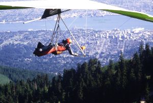 Barry Batman after launching in a hang glider at Grouse Mountain in 1984. Photo by Jan Kulhavy.