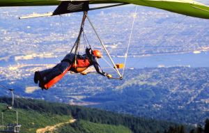 Barry Batman just after launching in a hang glider at Grouse Mountain in 1984. Photo by Jan Kulhavy.