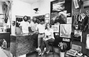 Bob Brown, Jeff Mailes, Ken de Russy, and Bonnie Nelson at the hang glider emporium in Santa Barbara