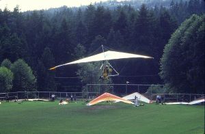 Final approach in a hang glider at Grouse Mountain in 1984. Photo by Jan Kulhavy.