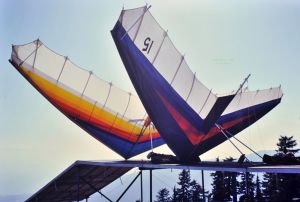 Hang glider line on the ramp at Grouse Mountain in 1984. Photo by Jan Kulhavy.