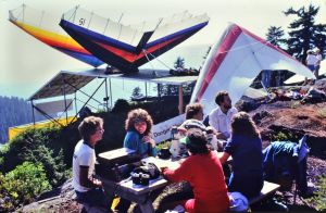 Picnic by hang gliders on the launch ramp at Grouse Mountain in 1984. Photo by Jan Kulhavy.