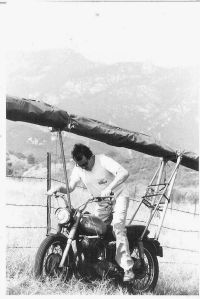 Steve Moore with his motorcycle hang glider rack at La Cumbre Peak near Santa Barbara, California