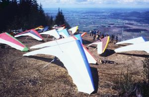Hang gliders waiting for conditions to improve at Vedder mountain in Fraser valley, British Columbia in 1984. Photo by Jan Kulhavy.