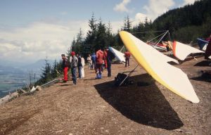 Hang gliders waiting for conditions to improve at Vedder mountain in Fraser valley, British Columbia in 1984. Photo by Jan Kulhavy.