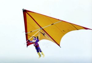 Andrew Hill in a specially built mini Birdman Firebird hang glider