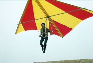 Joe Faust launches in a hang glider, about 1971. Photo by Doug Morgan.