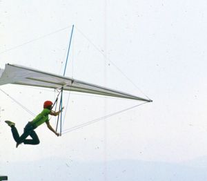 A hang glider launches from the ramp at Grandfather Mountain in September 1975