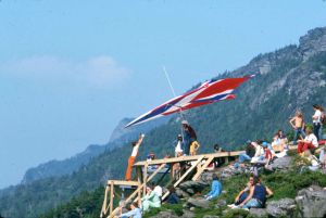 Hang glider preparing to launch from Grandfather Mountain in September 1975