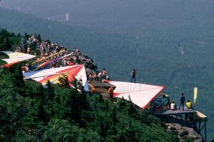 Hang gliders in line waiting to launch from Grandfather Mountain in September 1975