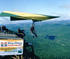 Hang glider launching from Grandfather Mountain in June 1975