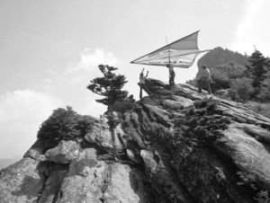 John Harris readying for the first ever hang glider flight from Grandfather Mountain, North Carolina, on July 13th, 1974
