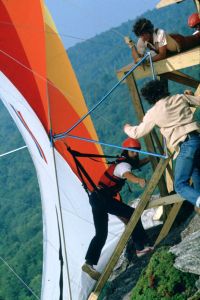Ramp crew catches a hang glider that crashed on launch at Grandfather Mountain in September 1975