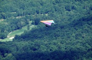 Standard Rogallo with pilot in prone harness over Grandfather Golf and Country Club, August 1974