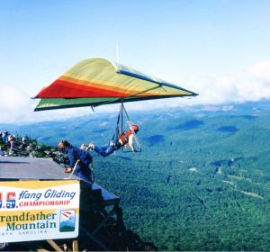Standard Rogallo hang glider with fairings on exposed tubes at Grandfather Mountain in September 1975