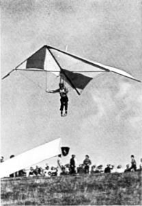 Everard Cunion flying a Skyhook IIIA hang glider at the British championships in August 1975